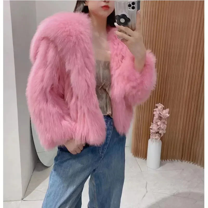 Luxury Winter Lapel Mink Collar Faux Fox Fur Bomber Jacket