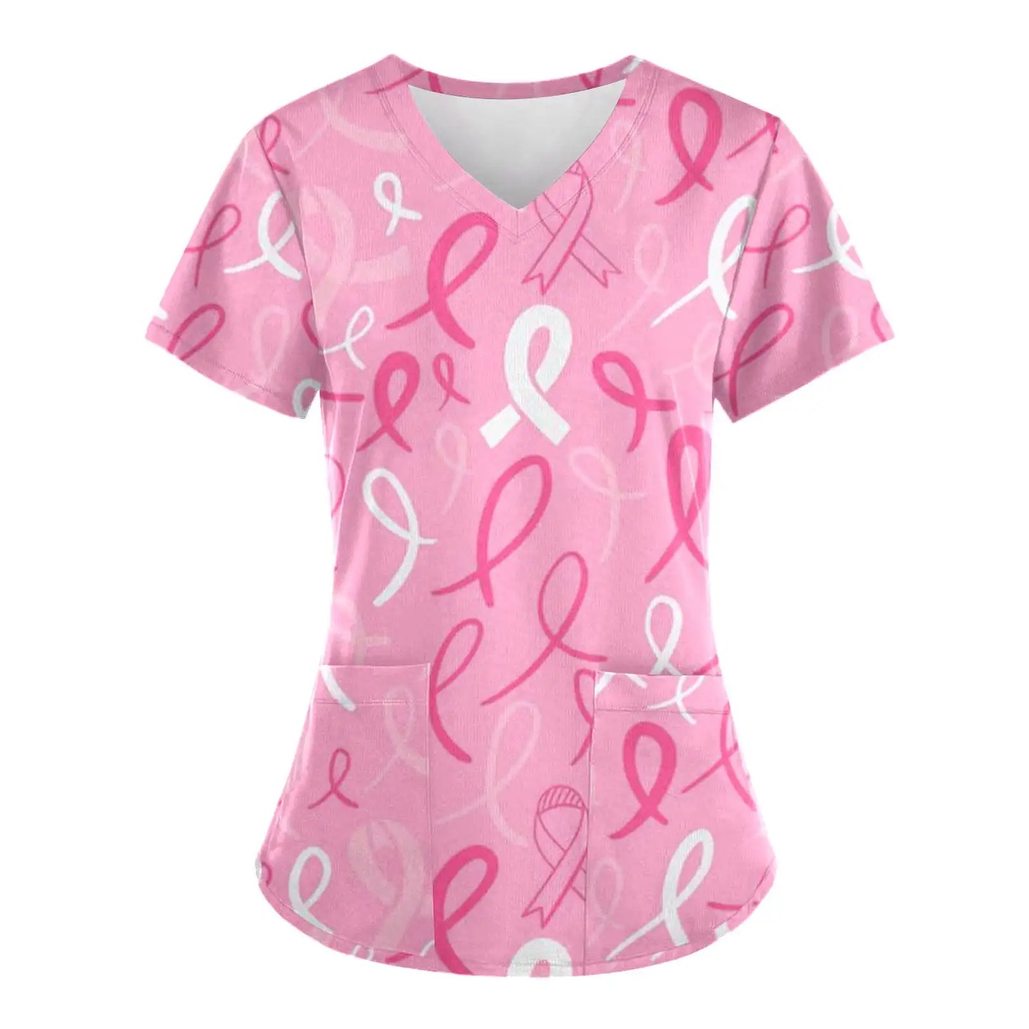 Pink Ribbon Cancer Fighter Women's V Neck Short Sleeve Tops with Pockets Scrubs