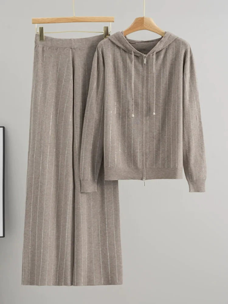 Rhinestone Design Knitted 2 Piece  Hooded Set