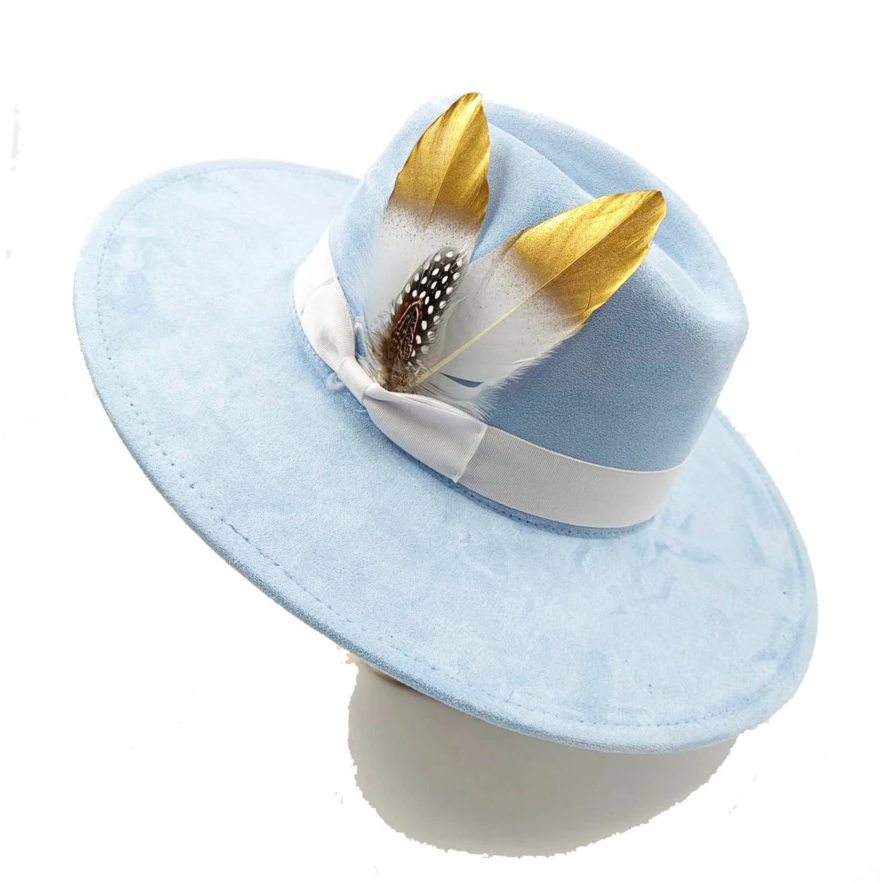 Wide Brim Feather Suede Fedora Hat Heart Top 9.5cm