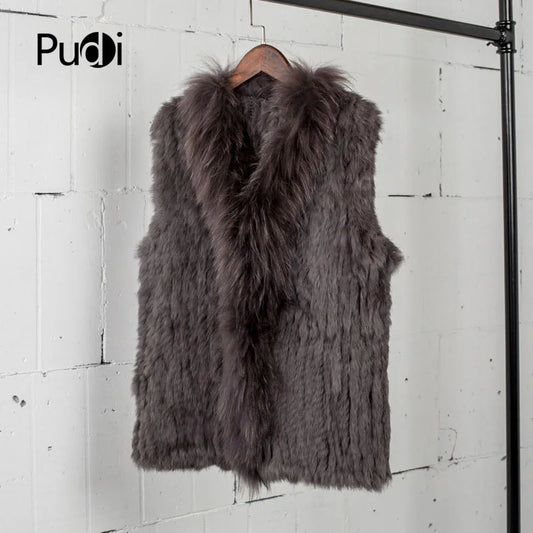 Natural Real Rabbit Fur Vest With Raccoon Fur Collar Jackets