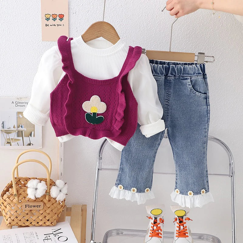 Baby Girls Knitted Vest, Bubble Sleeve T-shirt, and Jeans Set