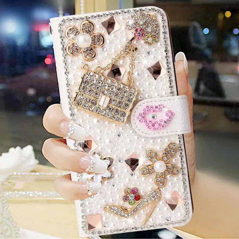 Bling Diamond Rhinestone Flower Case for iPhone 11 12 13 14 15 16 Pro Max XR XS 7 Case Leather Magnetic Flip Wallet Book Cover