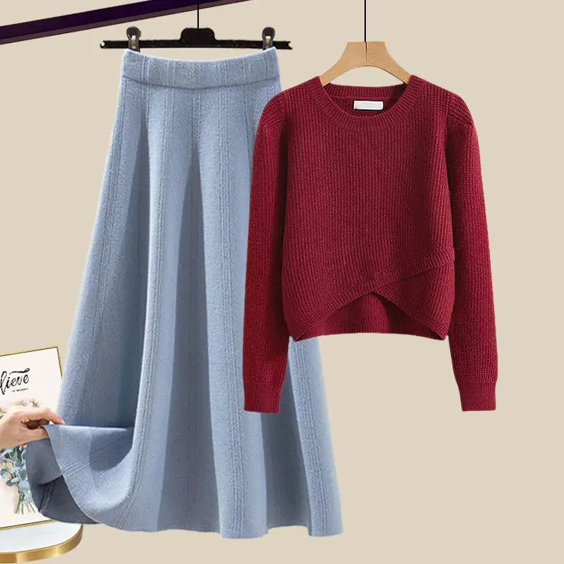 Knitted Sweater Half Skirt Maillard Dressing Set