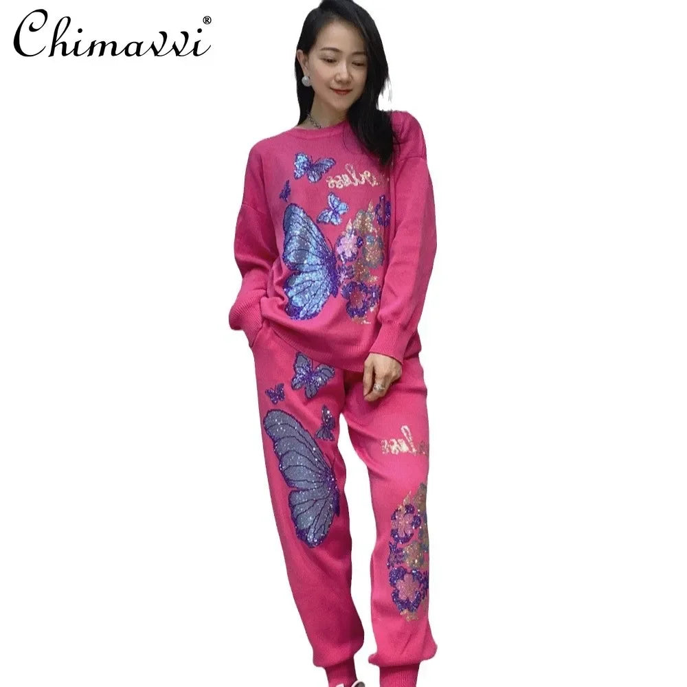 Knitted Crew Rhinestone Pullover Sweater Pants Sports Two-piece Set