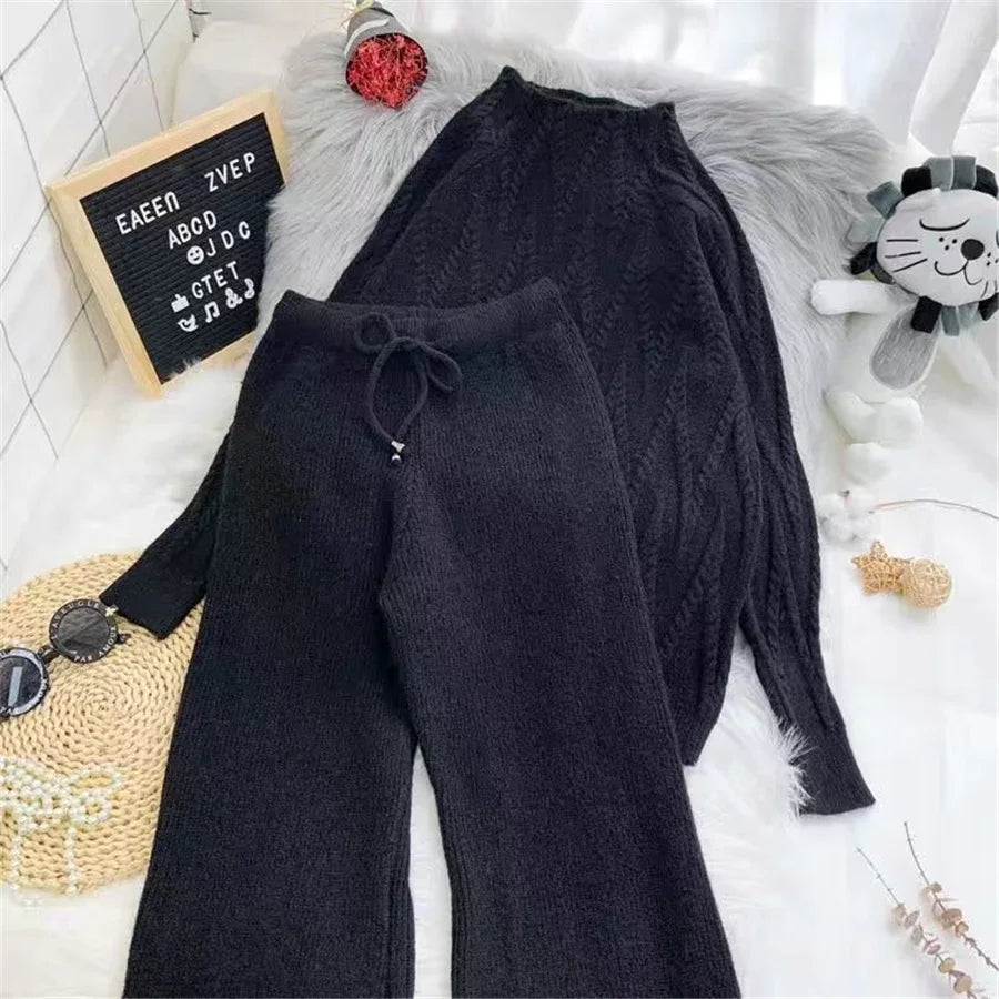 Thick Warm Casual Pullover Sweaters Conjunto Wide Leg Pants