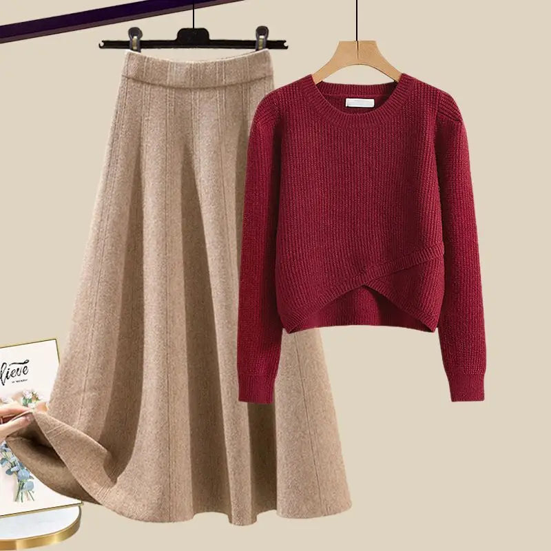 Knitted Sweater Half Skirt Maillard Dressing Set