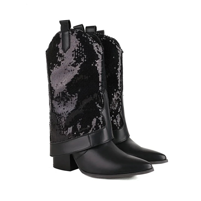 Glitter Sequin Pointed Toe High Heels Western Cowboy Mid Calf Boot