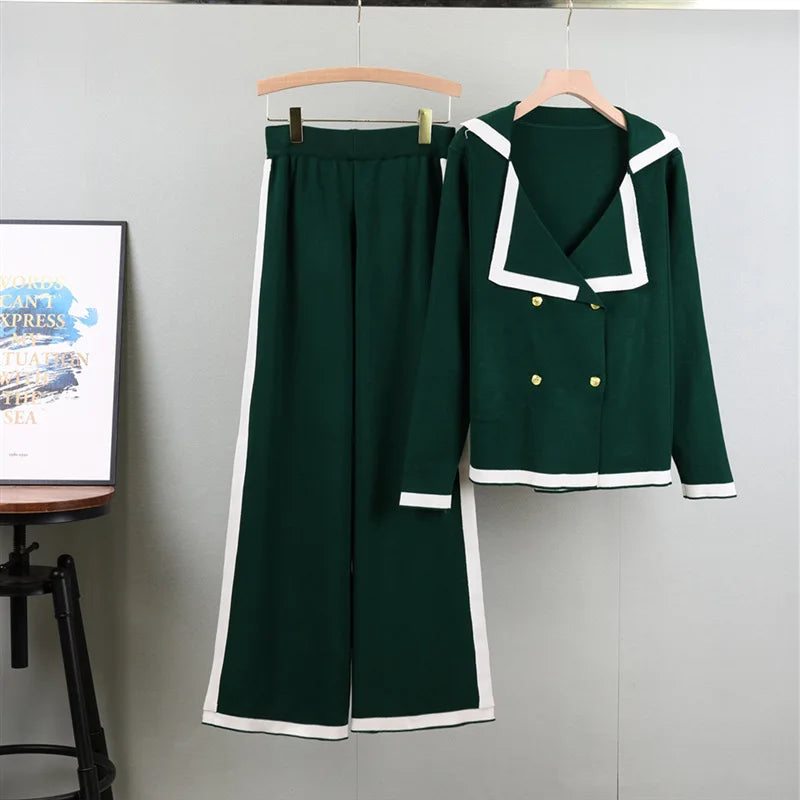 Turn Down Collar Double Breasted  Sweater Set