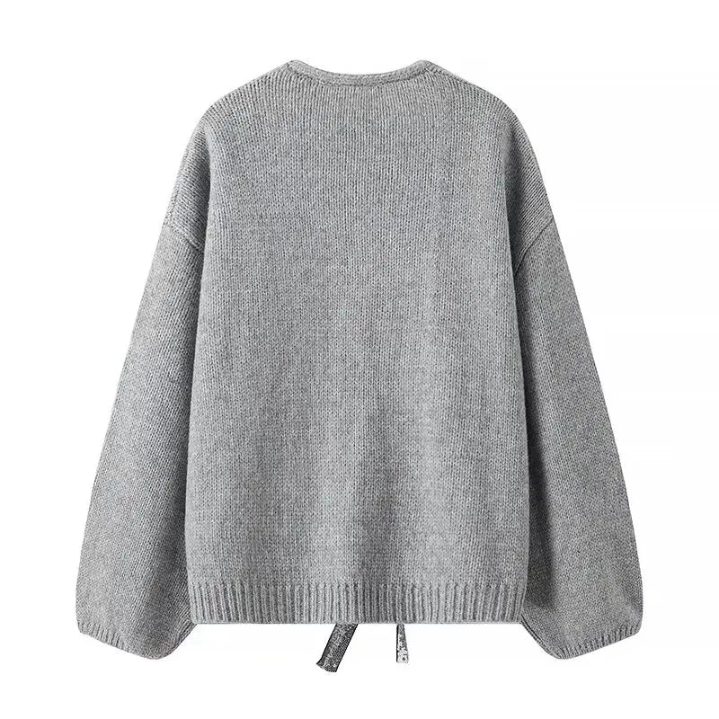 Cardigan Collarless Long Sleeves And Placket With Sequined Bow Sweater