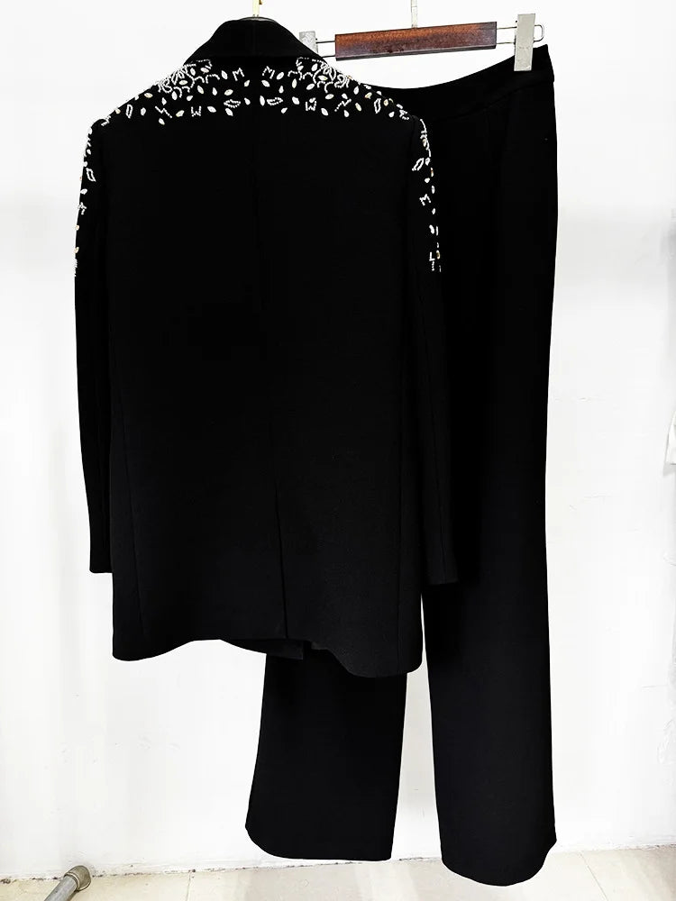 Beaded Diamonds  Shawl Collar Double Breasted Blazer Pants Set 2PC