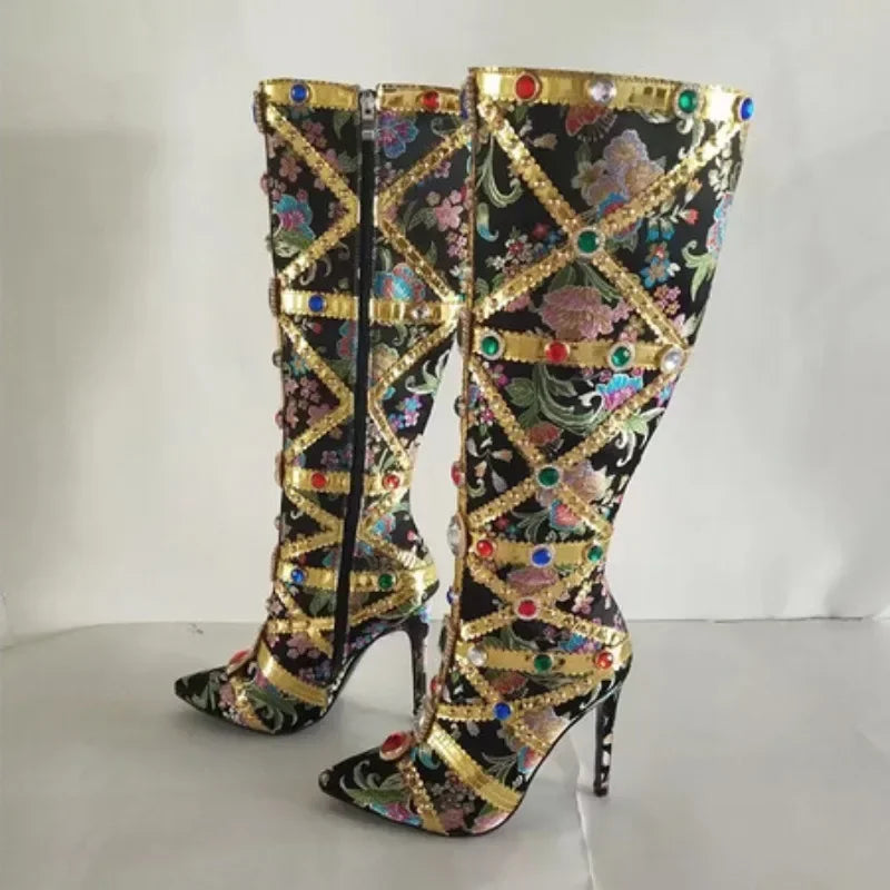 European Colorful RhinestoneEmbroidery Pointed Boots