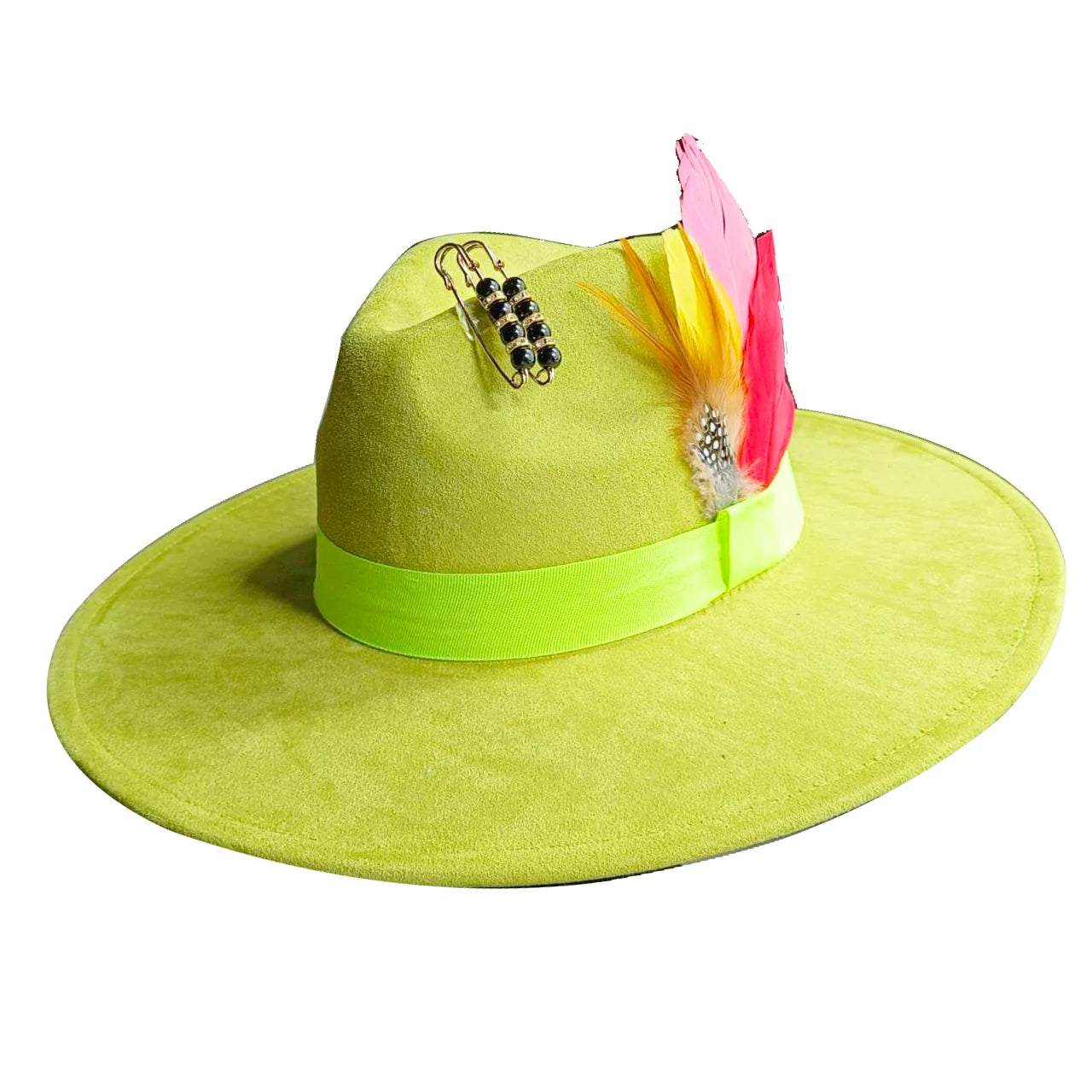 Wide Brim Feather Suede Fedora Hat Heart Top 9.5cm