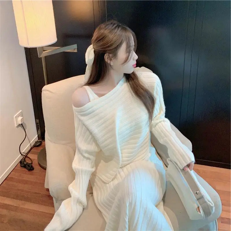 Elegant V-neck Knitted Sleeveless Dress+Pullovers Sweater 2pc Set