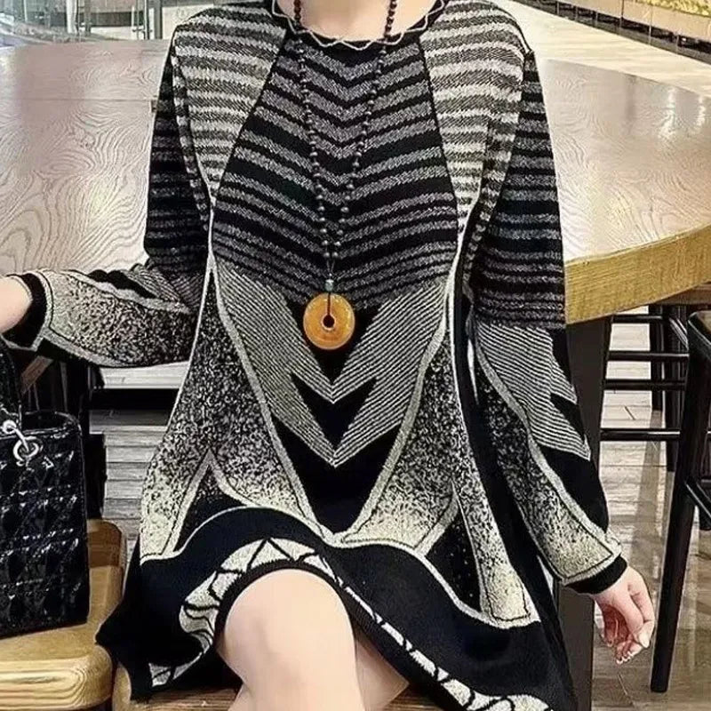 Loose Knitted Geometric Sweater Dress