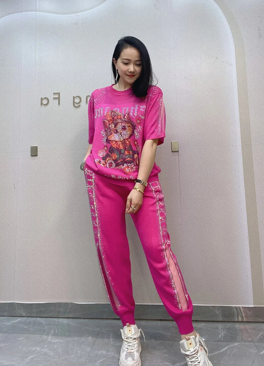 2PCS Knitted Cartoon Shiny Rhinestones Tracksuit