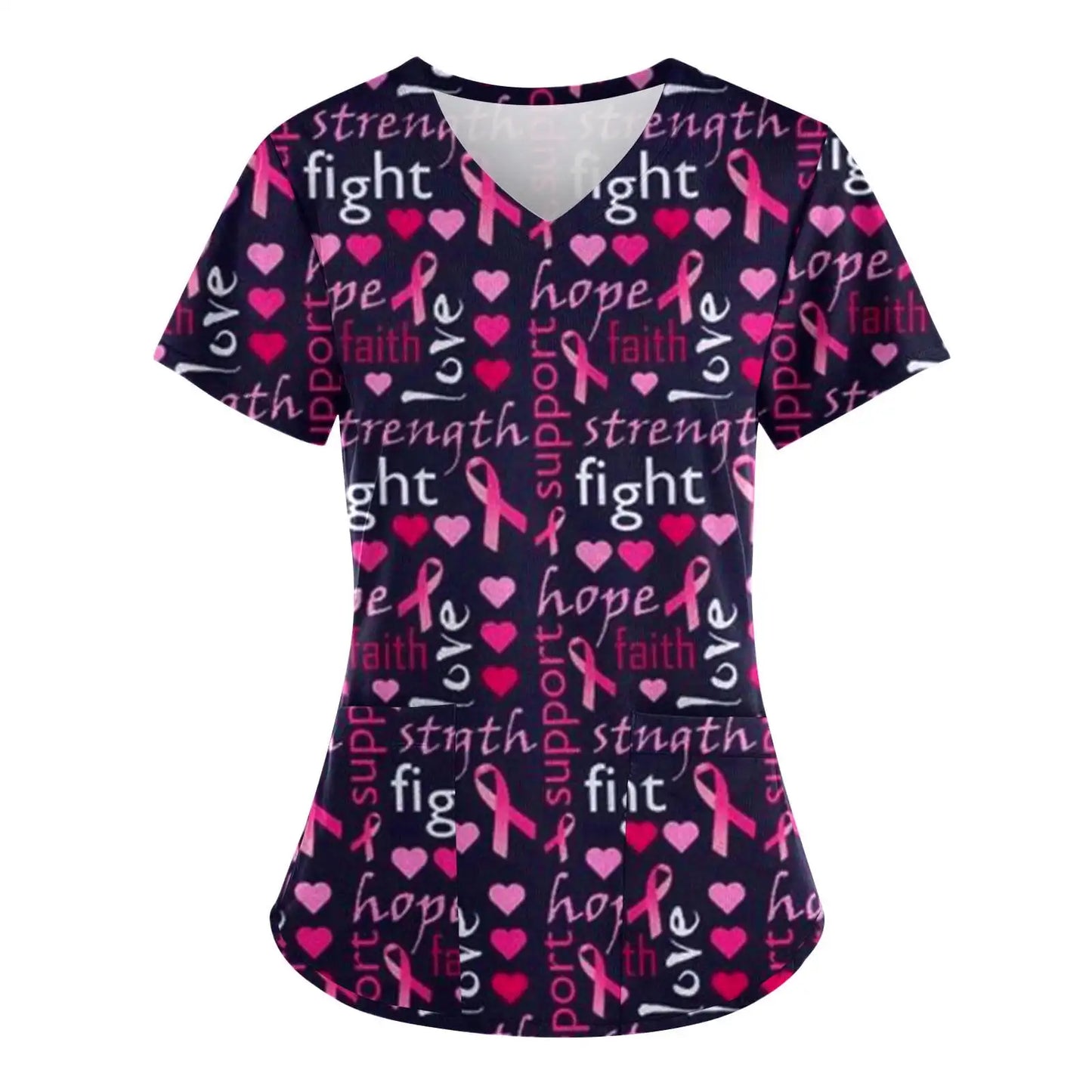 Pink Ribbon Cancer Fighter Women's V Neck Short Sleeve Tops with Pockets Scrubs