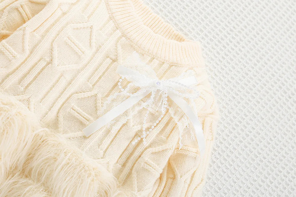2025 Children Woolen Jersey Sweaters Tops with Fringe Hem Pants Set