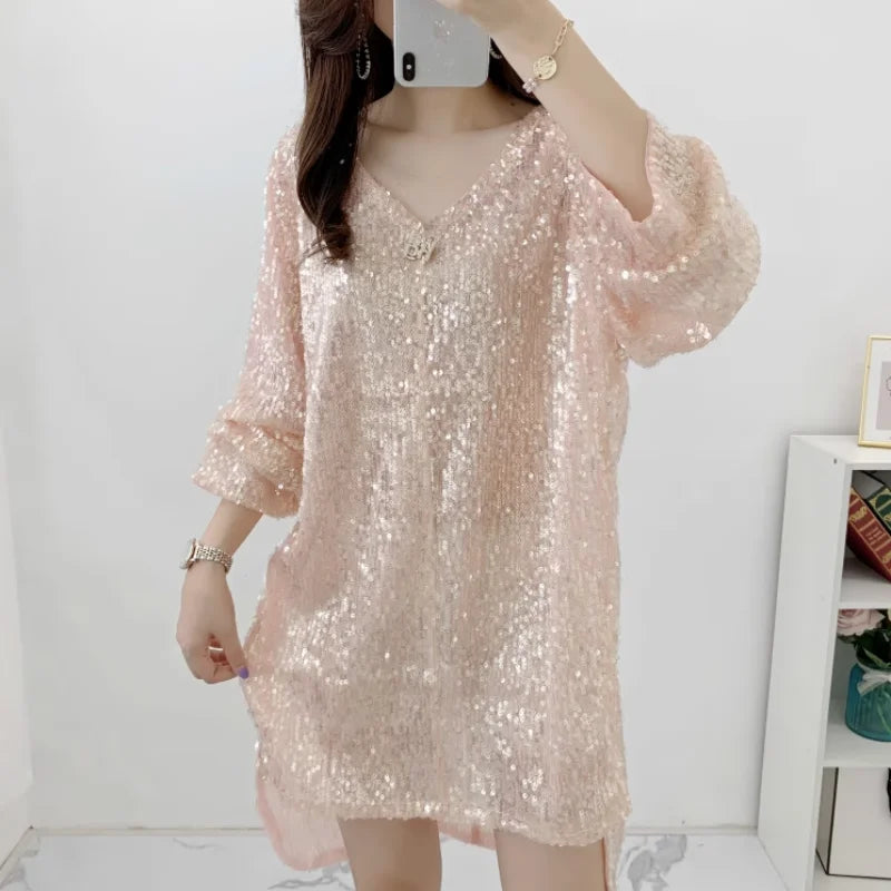 Summer New Short Sleeve Sequin V-Neck Loose T-Shirt Dress