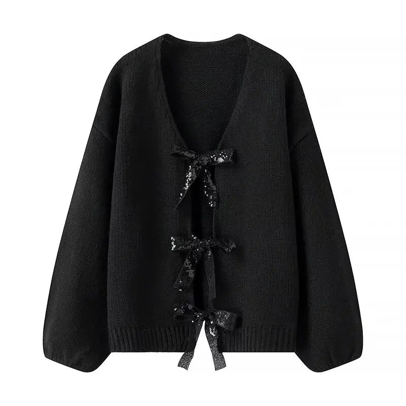 Cardigan Collarless Long Sleeves And Placket With Sequined Bow Sweater