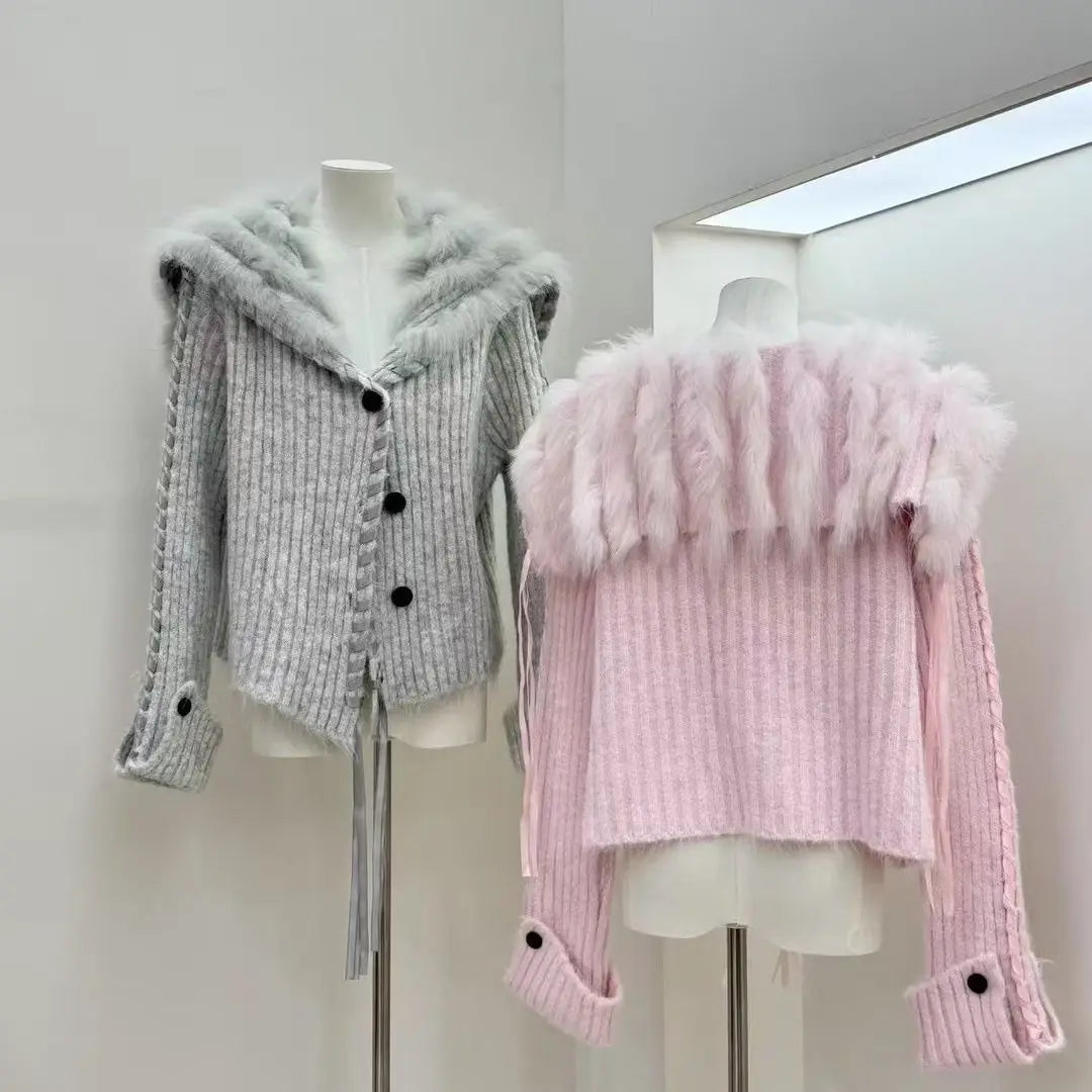 Vintage Faxu Fur Coat Patchwork Casual Knitted Sweater