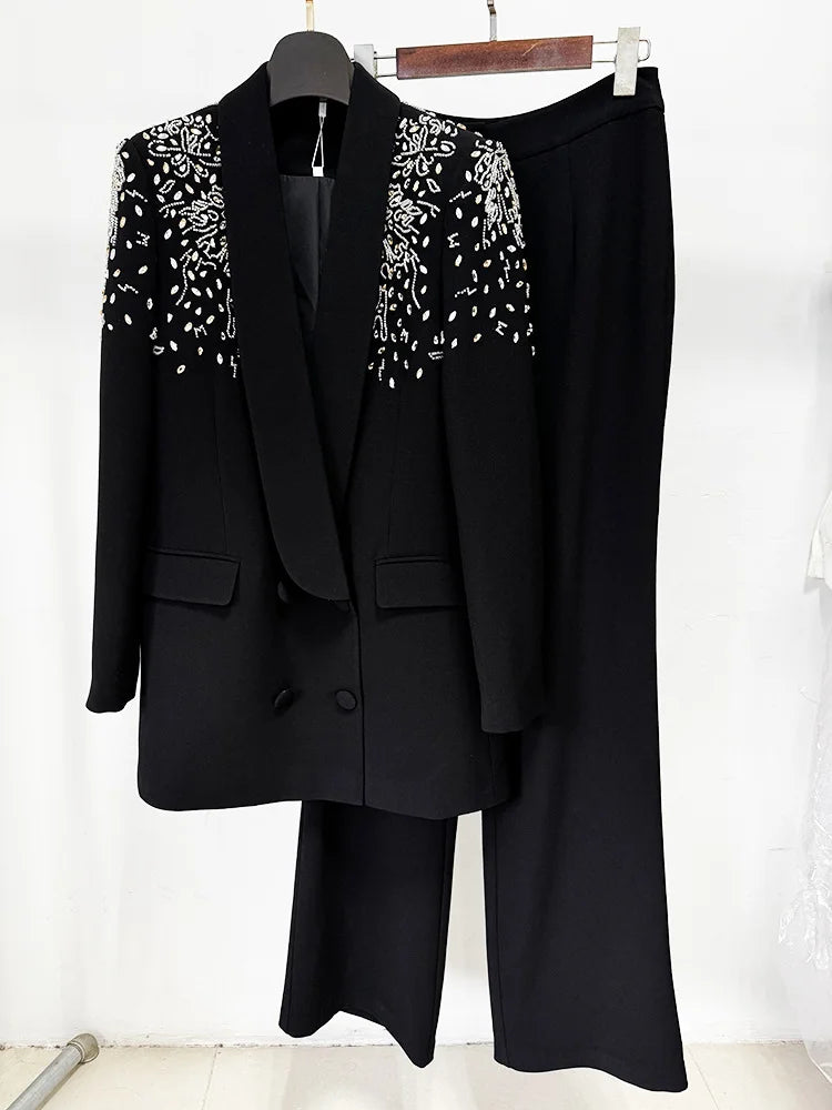 Beaded Diamonds  Shawl Collar Double Breasted Blazer Pants Set 2PC