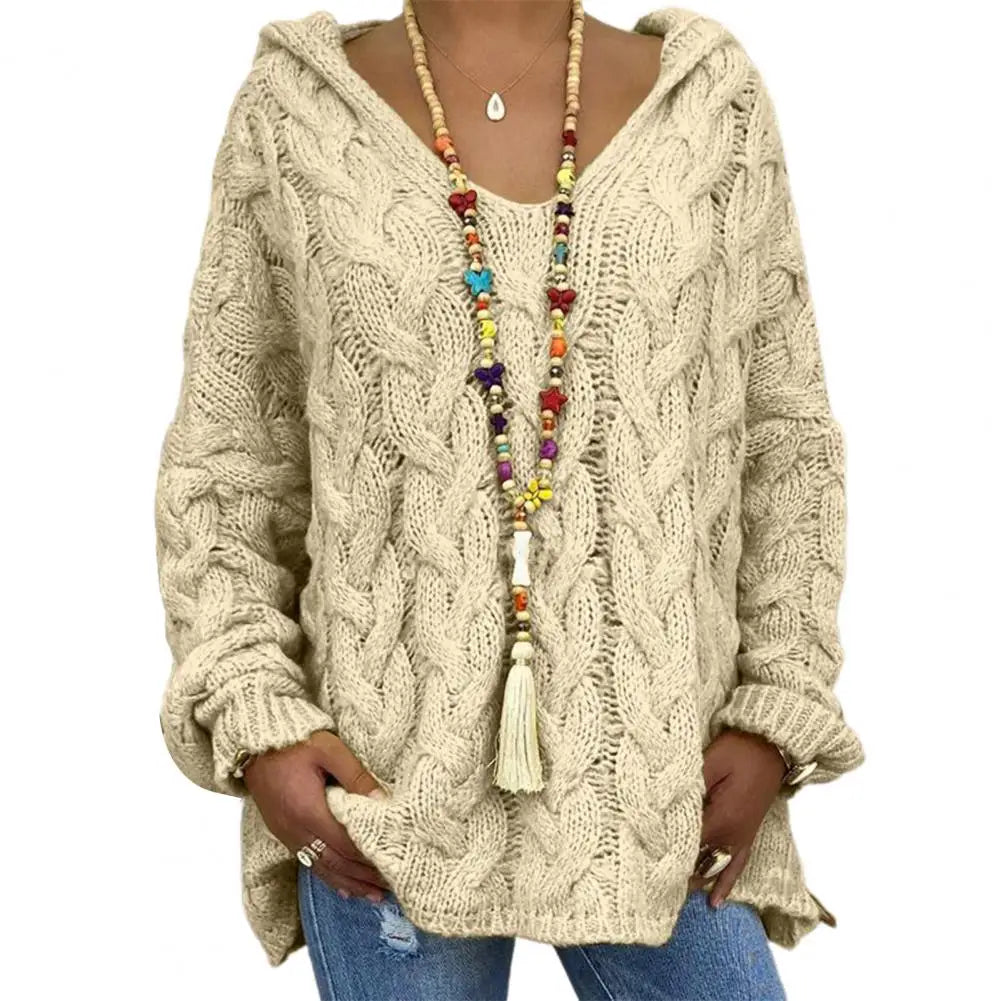 Hooded V-Neck Long Sleeves Twist Knitted Hoodie