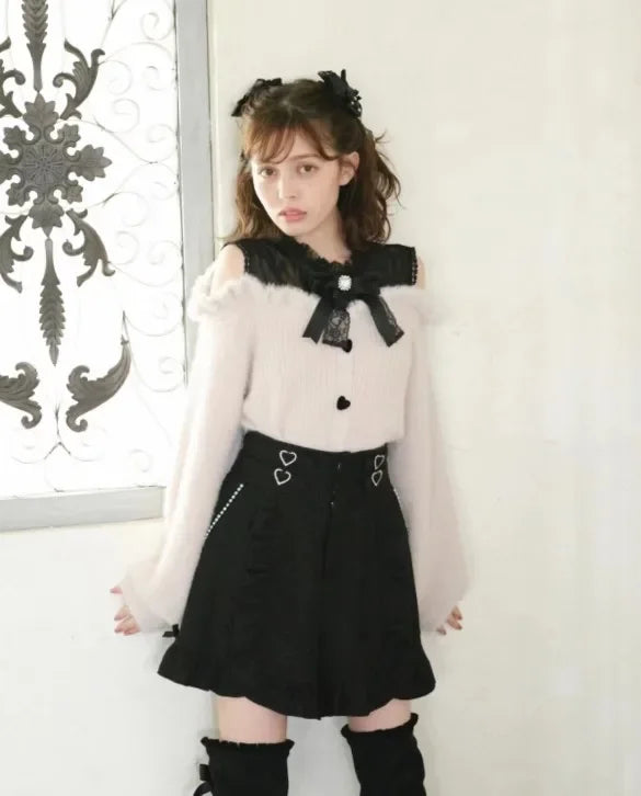 Sweet Lolita Off Shoulder Long Sleeve Knitwear Bow Lace Waist Slim Sweater