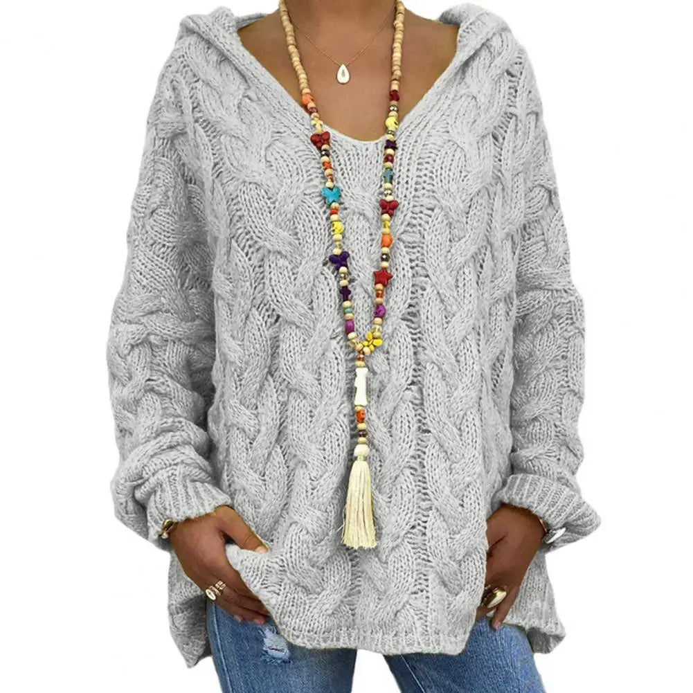 Hooded V-Neck Long Sleeves Twist Knitted Hoodie