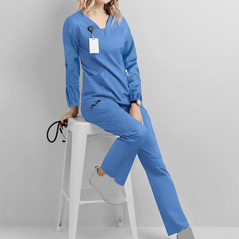 Long Sleeve V-neck Scrub Set