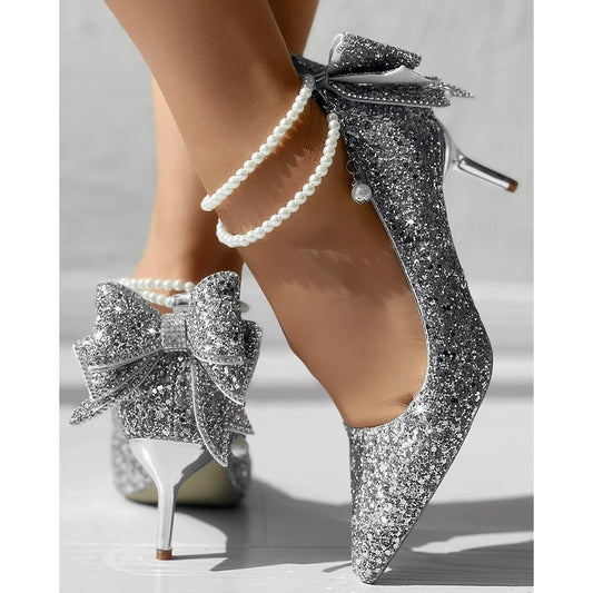 Sequin Bling Bling Beaded Bowknot Decor Pumps