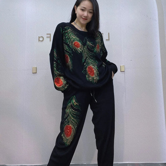 Peacock Feather Beaded Knitted Pullovers Sequined Sweater  Set