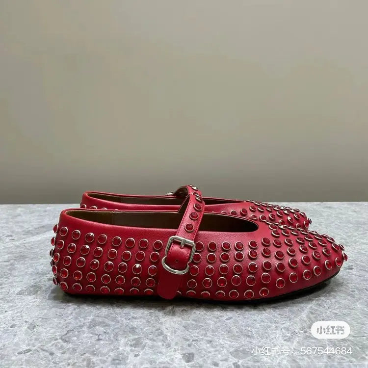 Rhinestone Full Belt Buckle Round Toe Flat Shoes