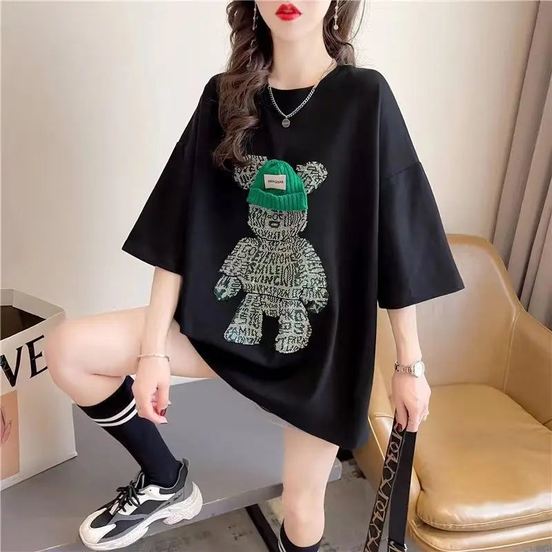 Lazy Cat Exquisite Rhinestone Beaded Bow T-shirt Women's Top