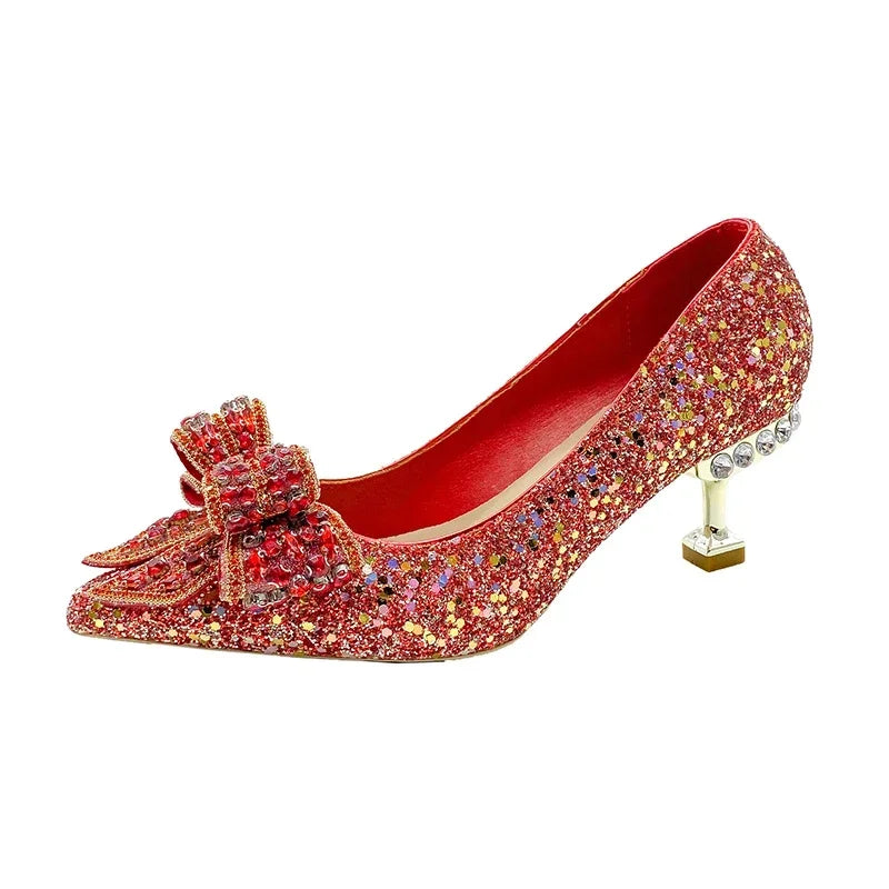 Rhinestone Bow Pump with Decorative Heel