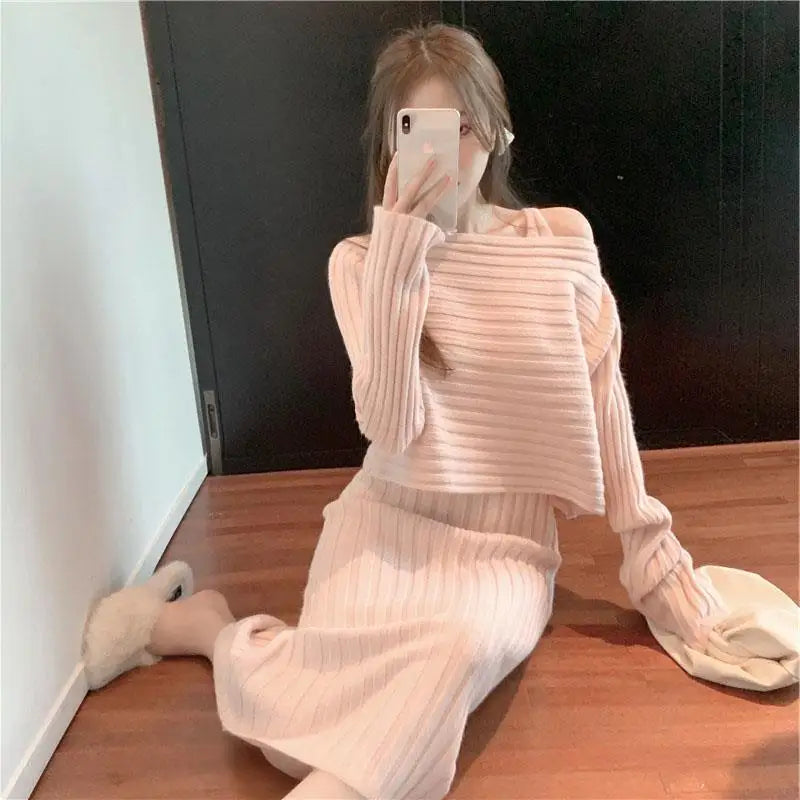 Elegant V-neck Knitted Sleeveless Dress+Pullovers Sweater 2pc Set