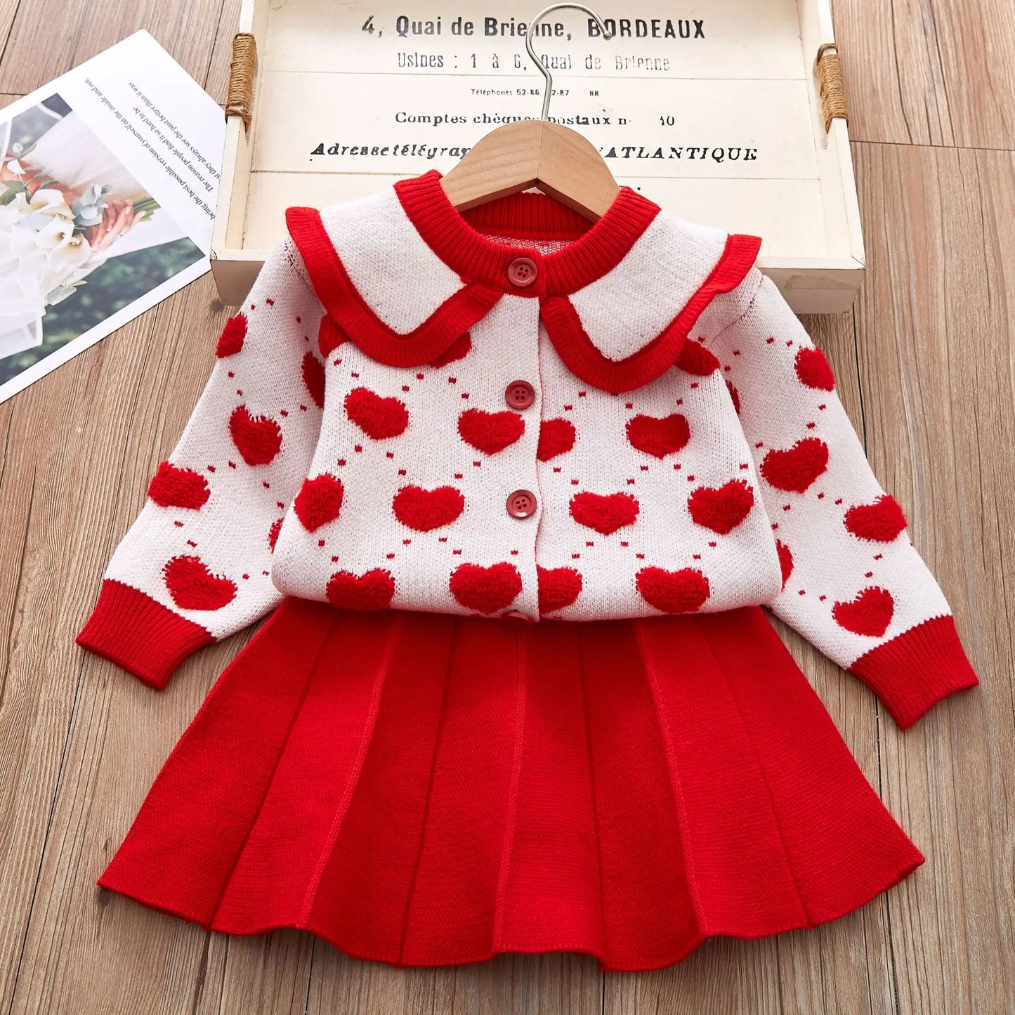 Cute Heart Pattern knit Shirt+ Skirt 2Pcs Sweater Outfit For Kids