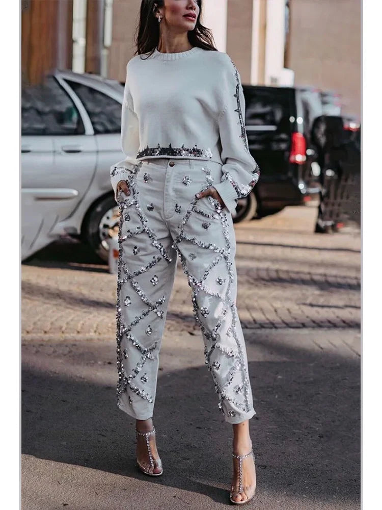 Women Spring Sequin Knitted Sweater and Pants