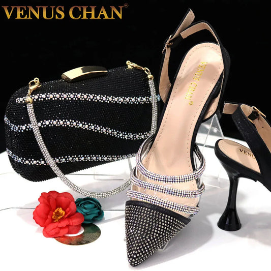 Pointed Toe Black Heels Rhinestone Chain Party Sandals Matching Bags Set