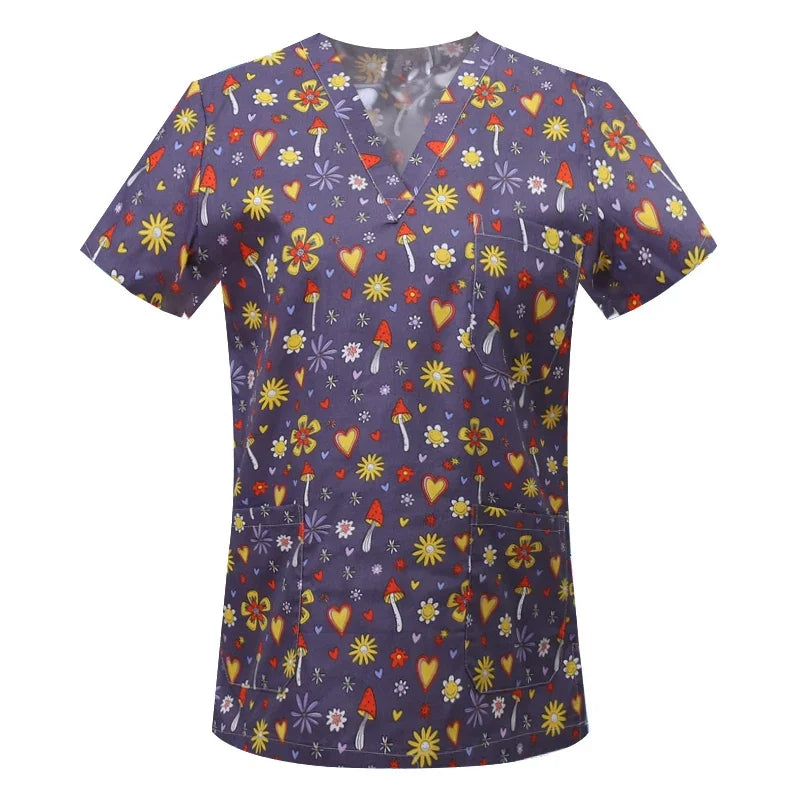 Cotton Print Nurse Scrub Tops