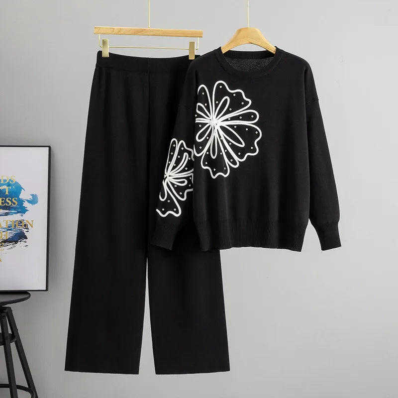 Knitted Rhinestone Flower Sweater Wide Leg Pants Two-piece Set