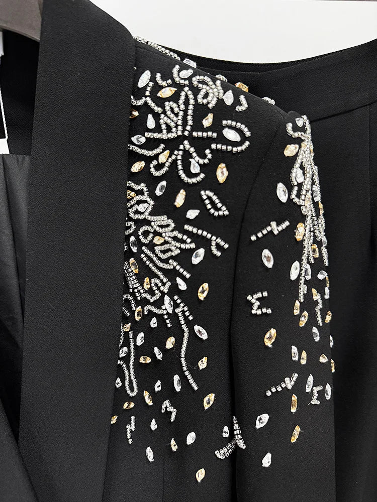 Beaded Diamonds  Shawl Collar Double Breasted Blazer Pants Set 2PC