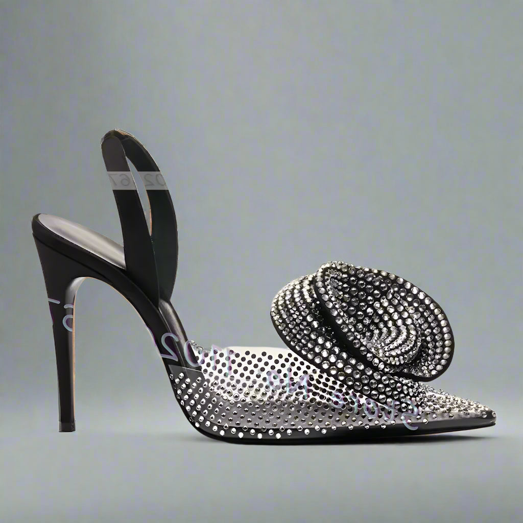 Pointy Rhinestone Flower Pvc Slingback