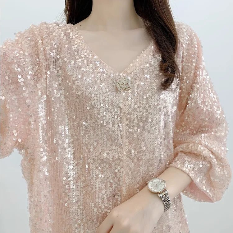 Summer New Short Sleeve Sequin V-Neck Loose T-Shirt Dress