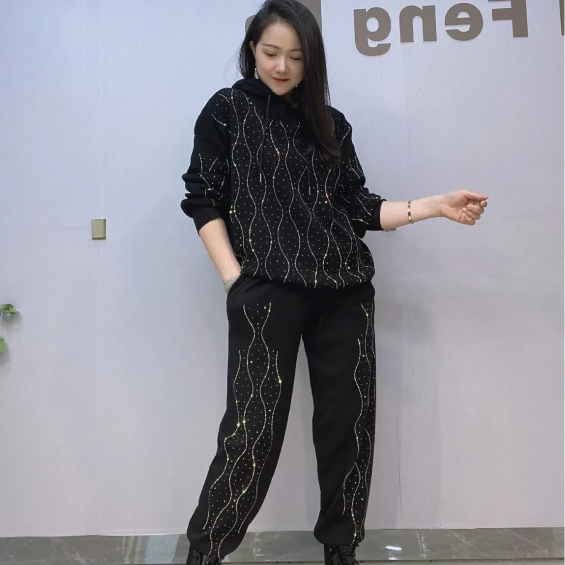Geometric Pattern Hooded Knitted Pullovers Rhinestone Sweatshirt + Sequined Pants Trouser 2Pcs Set