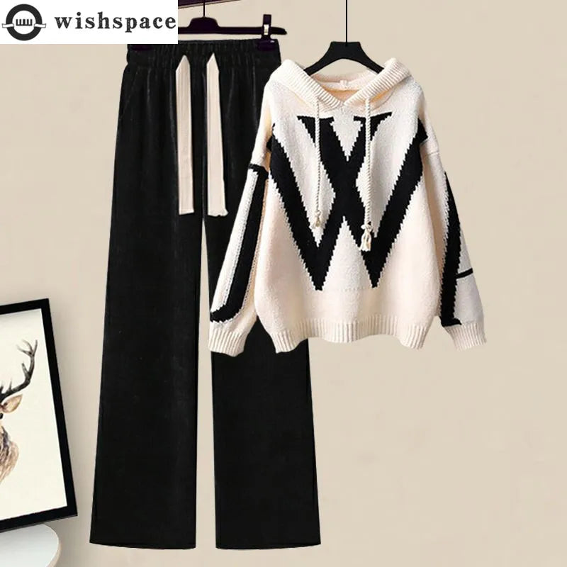 Casual Sweater Waist Cinching and Slimming Wide Leg Pants Two-piece Set