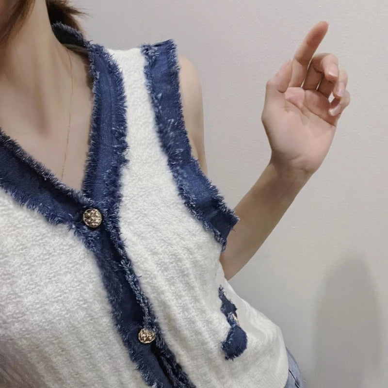 French Style Contrasting V-neck Sweater Vest