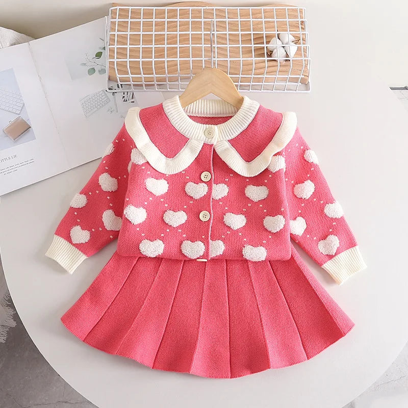 Cute Heart Pattern knit Shirt+ Skirt 2Pcs Sweater Outfit For Kids