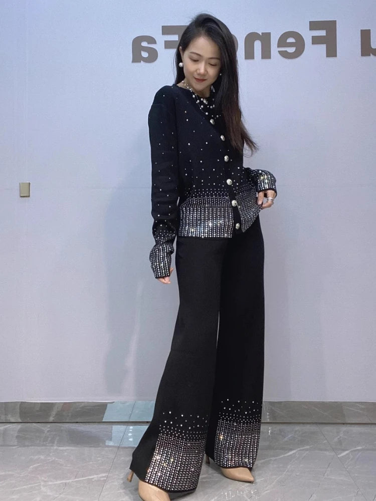 Diamond Studded Knitted Cardigan Sweater Wide Leg PantsTwo Piece Sets
