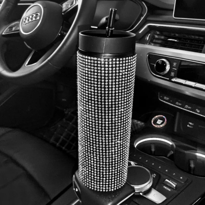 480ml Bling Plastic Coffee Mug Cup With Lid With Straw in Sparkling Rhinestones